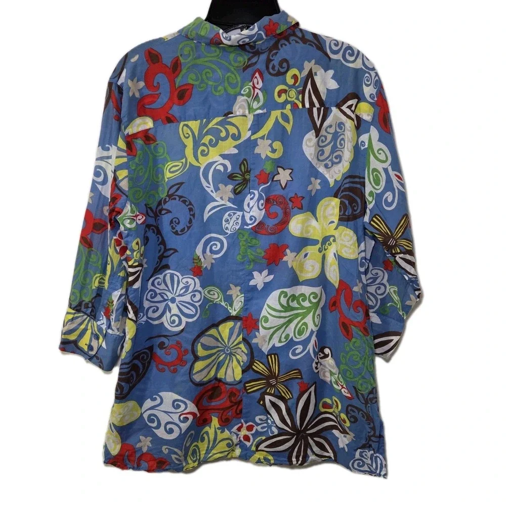 Chico's Floral Button Up‎ Tunic Top Women's Size 2 (Large) Blue Long Sleeve - Picture 7 of 7